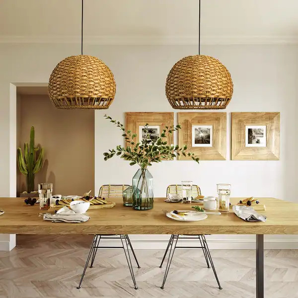 1-Light Farmhouse Boho Hand Woven Rattan Dome Pendant Light for Dining Room/Kitchen Island | Bed Bath & Beyond