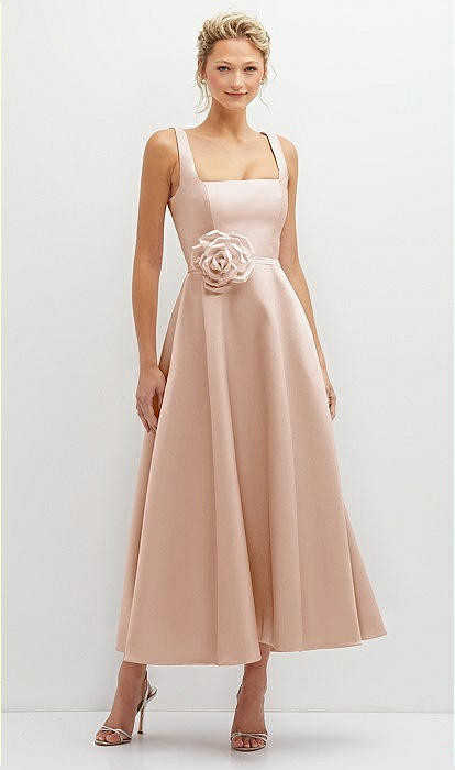 Square Neck Satin Midi Dress with Full Skirt & Flower Sash in Cameo | Dessy Group