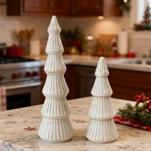 AOMOONOA Wooden Christmas Tree Figurine, 2Pcs White Tree Figurines, Decorative Trees for Tabletop, Small Distressed White Xmas Trees Set for Vintage Christmas Mantle Indoor Decor(MDF Wood) | Amazon (US)
