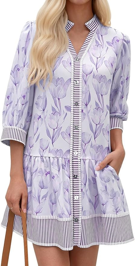 Wenrine Women's Floral Boho Mini Dress 3/4 Long Sleeve V Neck Casual Button Down Shirt Dresses | Amazon (US)