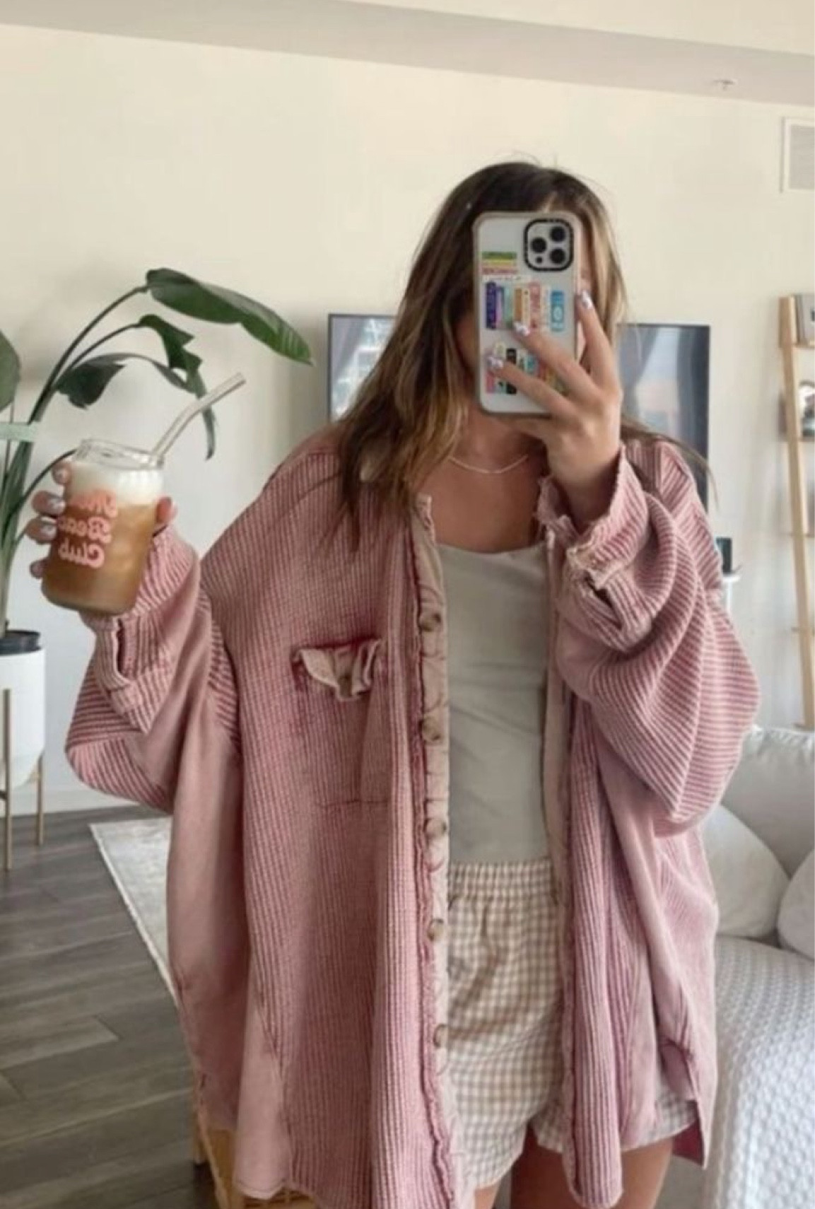 Cozy pink shacket jacket for fall outfit. Glass coffee cup with lid and straw. Comfy fall outfit. Comfy pink jacket. Oversized fall jacket. Y2K plaid beige shorts  

#LTKFallSale #LTKSeasonal #LTKFindsUnder50