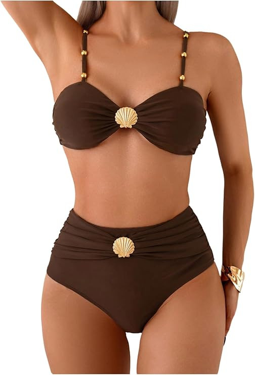 Women's 2 Piece Bikini Set Metal Shell Beaded Ruched Swimsuit High Waisted Bathing Suit | Amazon (US)