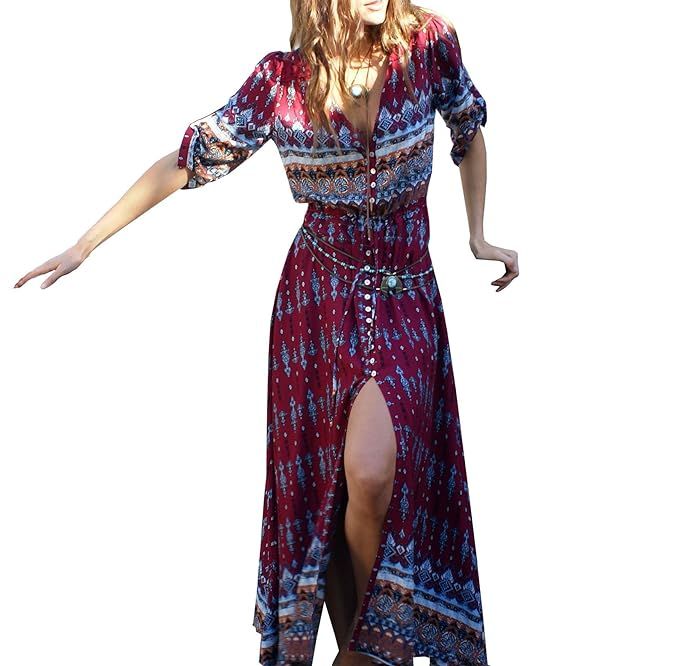 R.Vivimos Women's Summer Button Up Floral Print Split Beach Maxi Dresses | Amazon (US)