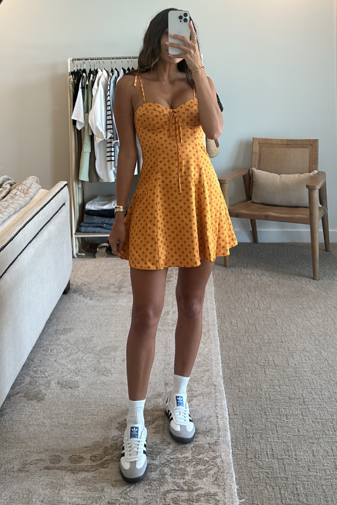 Mini polka dot yellow Summer dress from REVOLVE styles with white Adidas Sambas  

wearing size XS  

#LTKstyletip #LTKshoecrush #LTKSeasonal