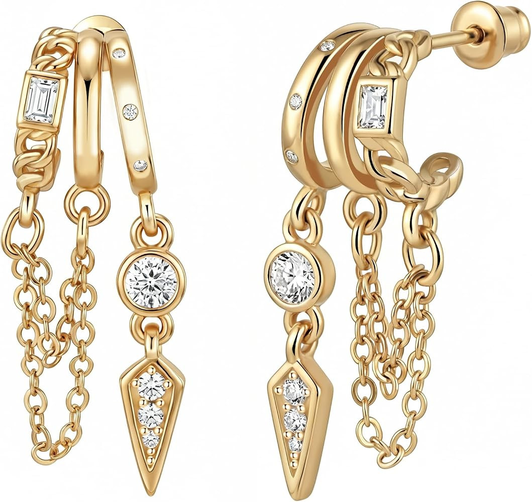 HAXIYA 14K Gold Plated Hoop Earrings for Women Triple Huggie Illusion Stud Earring | Double Huggi... | Amazon (US)