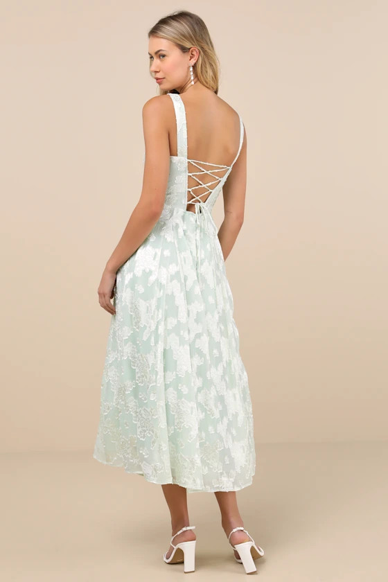 Loira Mint Burnout Jacquard Lace-Up Midi Dress | Lulus