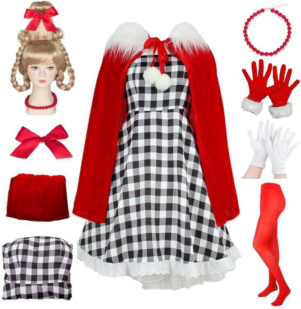 Pigmiss 8PCS Women Costume Adult Houndstooth Dress with Cindy Wig Cape Christmas Cosplay Costume ... | Amazon (US)