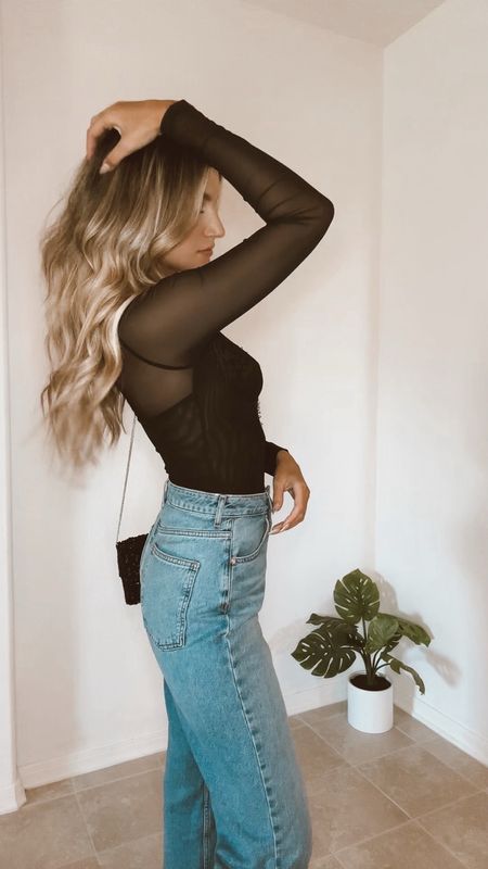 Date night look, date night outfit, going out outfit, lace bodysuit, relaxed denim, sheer top

#LTKstyletip #LTKfindsunder50 #LTKSeasonal