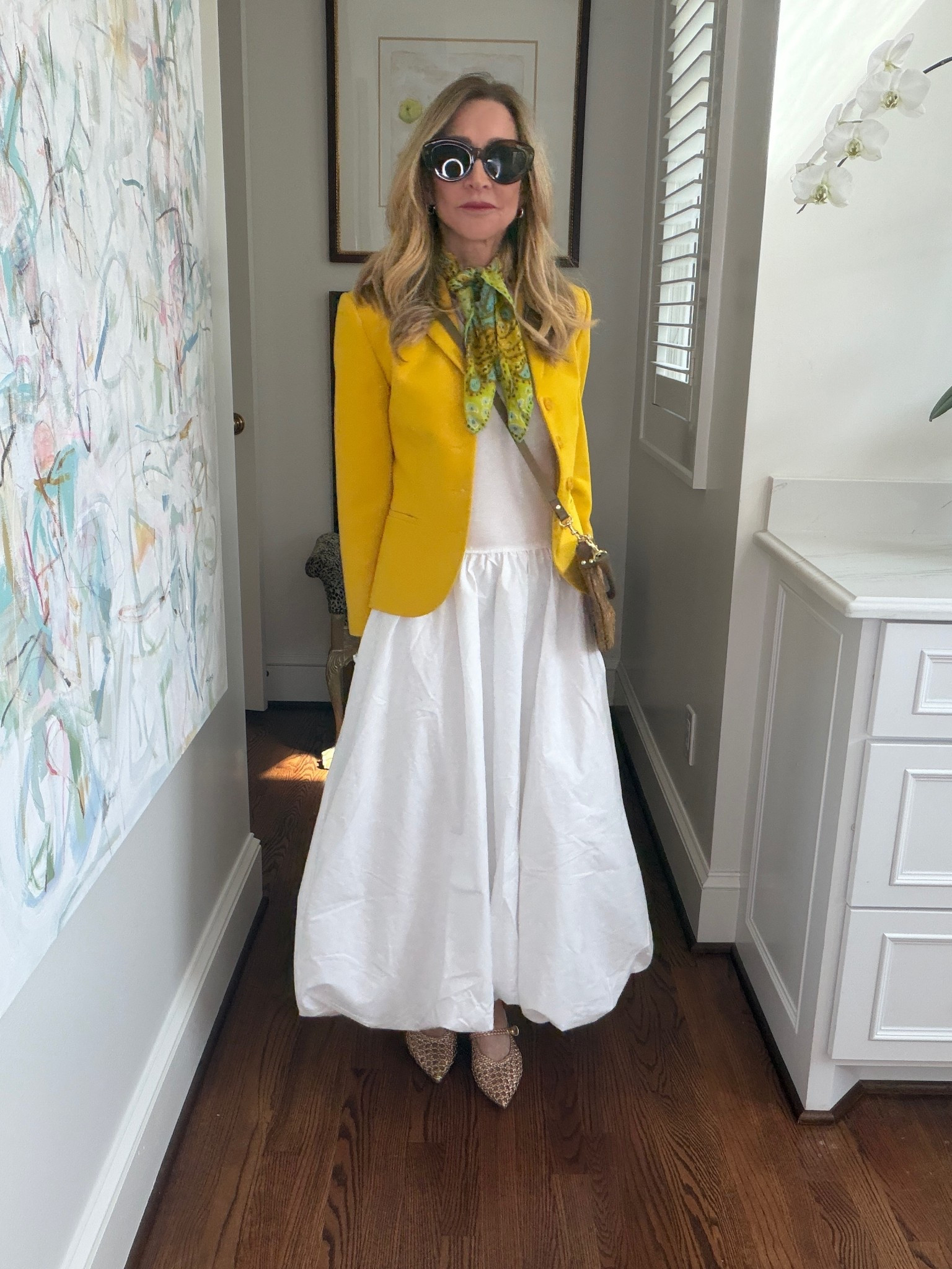 Accessorizing a white bubble dress with a yellow blazer, Clare B bag, gold flats and a scarf!  

#LTKSeasonal #LTKOver40 #LTKootd