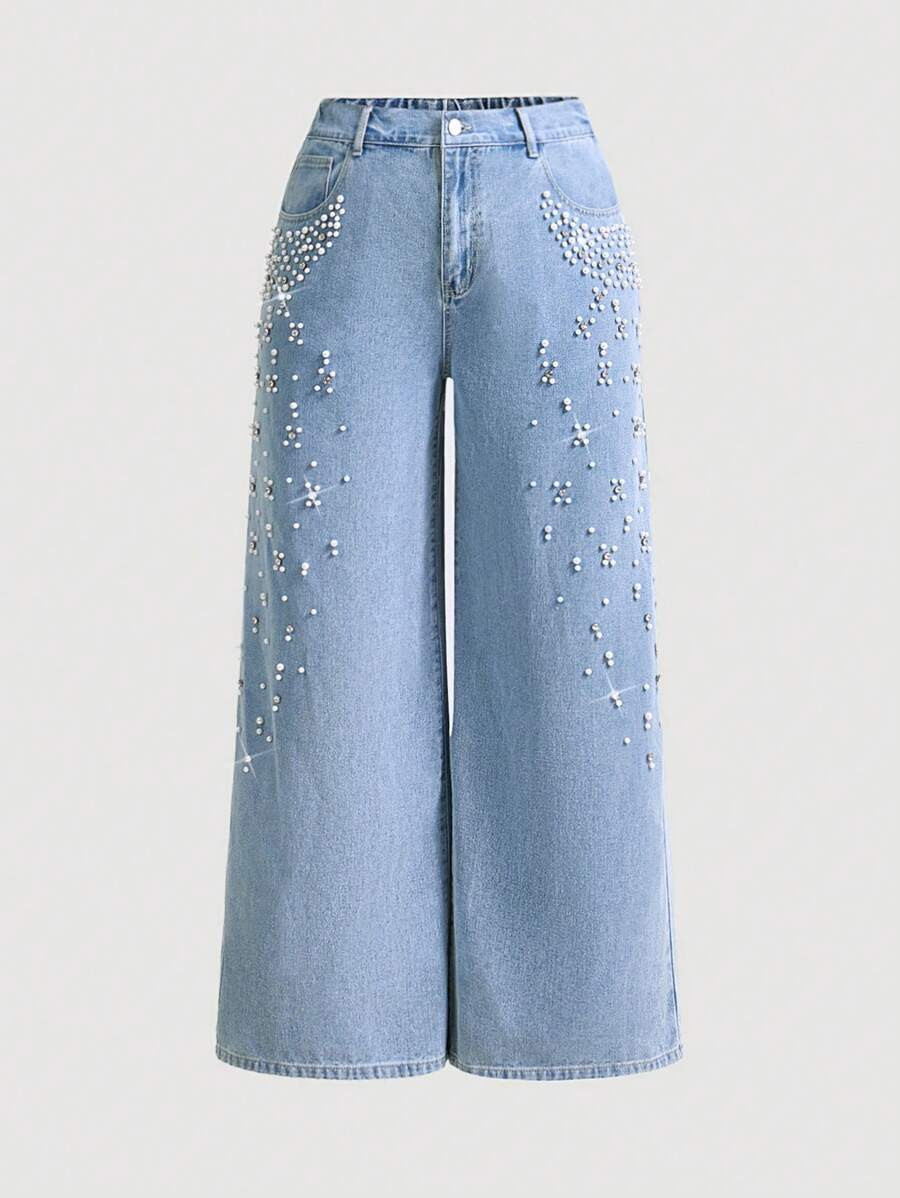 Selenza Plus Size Women Pearl Decor Pockets Loose Wide Leg Casual Jeans, Rhinestone Jeans | SHEIN