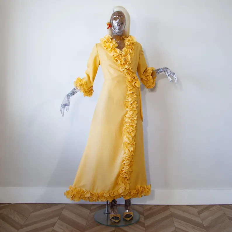 Vintage 1970s Golden Yellow Ruffle Maxi Dress Robe Evening Gown UK 10-12/US 6-8 | Etsy (Global)