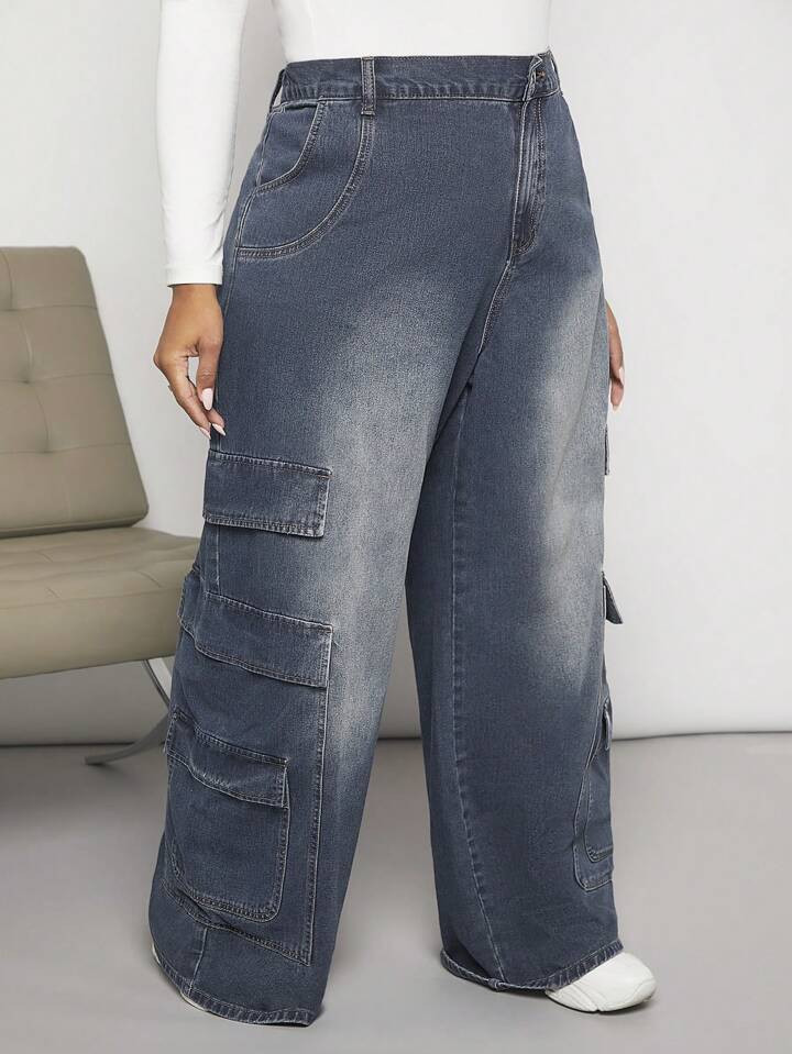 SHEIN CURVE+ Plus Flap Pocket Cargo Jeans | SHEIN USA | SHEIN