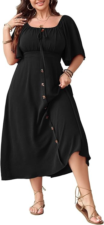 SHESTARR Plus Size Summer Dress Short Sleeve Square Neck Tie Front Smocked Button Down Flowy A-li... | Amazon (US)