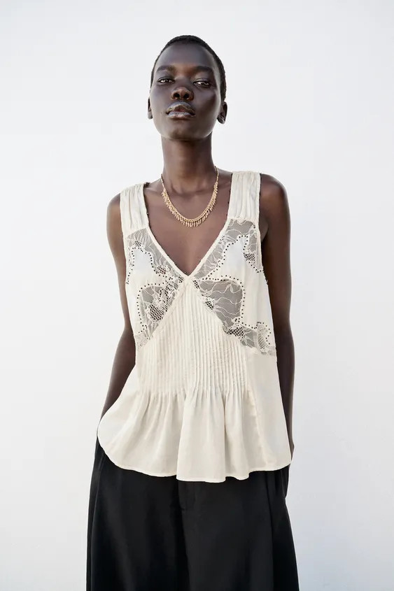 V-neck top with wide beaded straps. Features mixed fabric detailing with lace and tucks. | Zara US