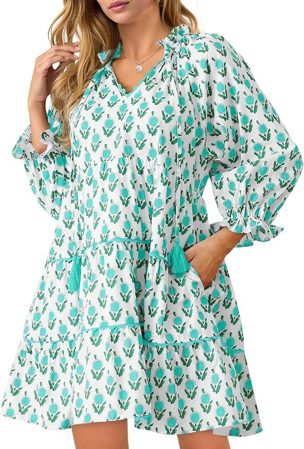 Wenrine Womens Casual Mini Dress Long Sleeve Floral Ruffle V Neck Fall Loose Boho Babydoll Dresse... | Amazon (US)