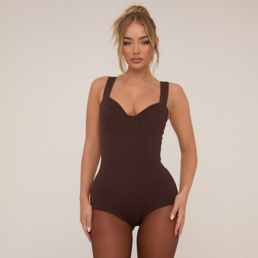Cupped Detail Micro Mini Playsuit In Brown | EGO Shoes (US & Canada)