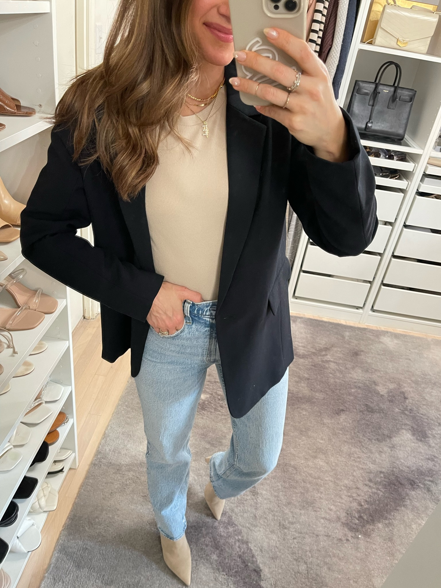 Date night outfit. My blazer & tee are great closet staples for year round. Both come in a few colors! Wearing a size S in blazer & tee. Jeans & booties fit TTS // AF, Abercrombie, casual outfit, casual style, denim, spring denim, neutral outfit