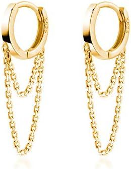 Amazon.com: Reffeer 925 Sterling Silver Tassel Chain Drop Dangle Small Hoop Earrings Huggie for W... | Amazon (US)