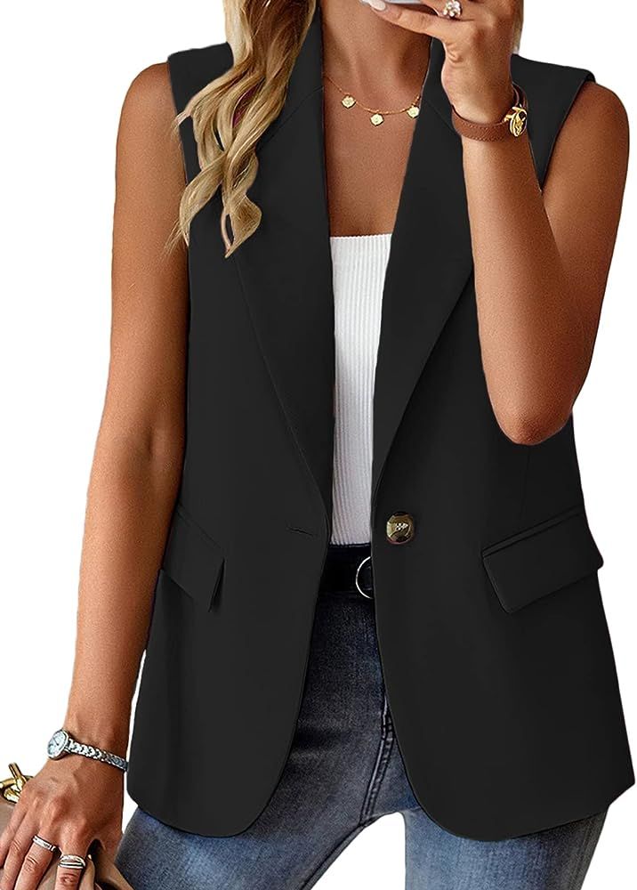 Women's Sleeveless Blazers Open Front Casual Blazer Vests Solid Color Lapel Single Button Lightwe... | Amazon (US)