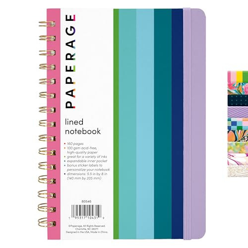 PAPERAGE Lined Spiral Journal Notebook, (Rainbow Stripe), 160 Pages, Hardcover Journal for Women & Men, Medium 5.5 in x 8 in - 100 GSM, Thick Paper, Spiral Notebook for Work, School & Journaling | Amazon (US)