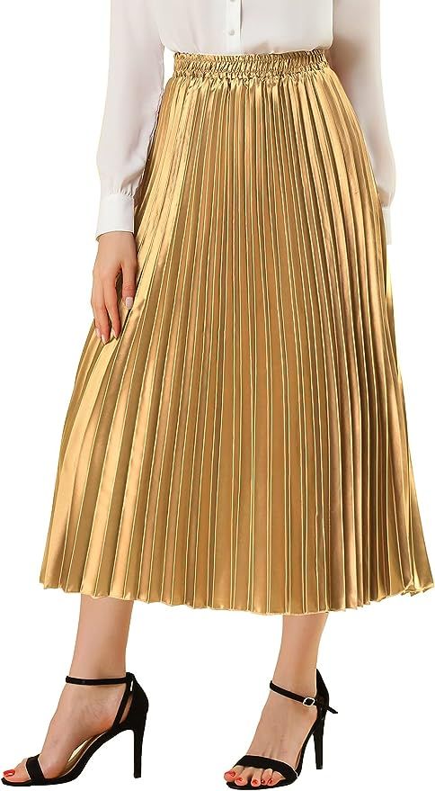 Allegra K Women's Elastic Waist Party Metallic Shiny Accordion Pleated Midi Skirt | Amazon (US)