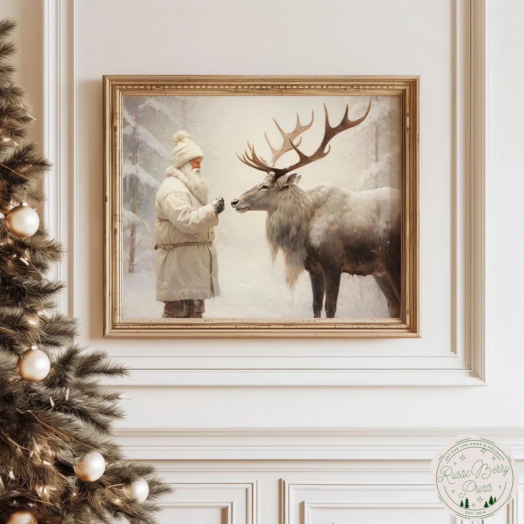 Santa Claus and Reindeer Art Print Vintage Print Winter Wall Art Christmas Holiday Decor Neutral ... | Etsy (US)