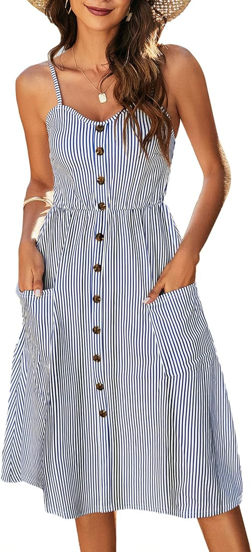 Halife Womens Summer Dresses Casual Spaghetti Strap Floral Button Down Swing Midi Dress with Pock... | Amazon (US)