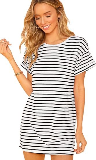 SheIn Women's Casual Loose Striped Mini Dress Short Sleeve T-Shirt Dresses | Amazon (US)