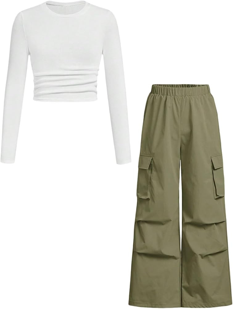 Girls Clothes 2 Piece Outfit Ribbed T-Shirt Top + Cargo Pants, Girls Fall Clothing Set, Sizes 5-1... | Amazon (US)