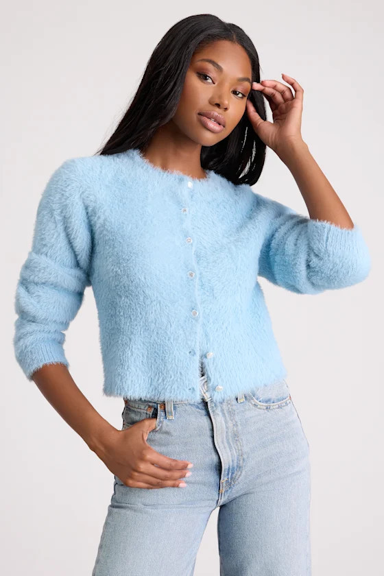 Arinda Light Blue Eyelash Knit Button-Up Cardigan | Lulus