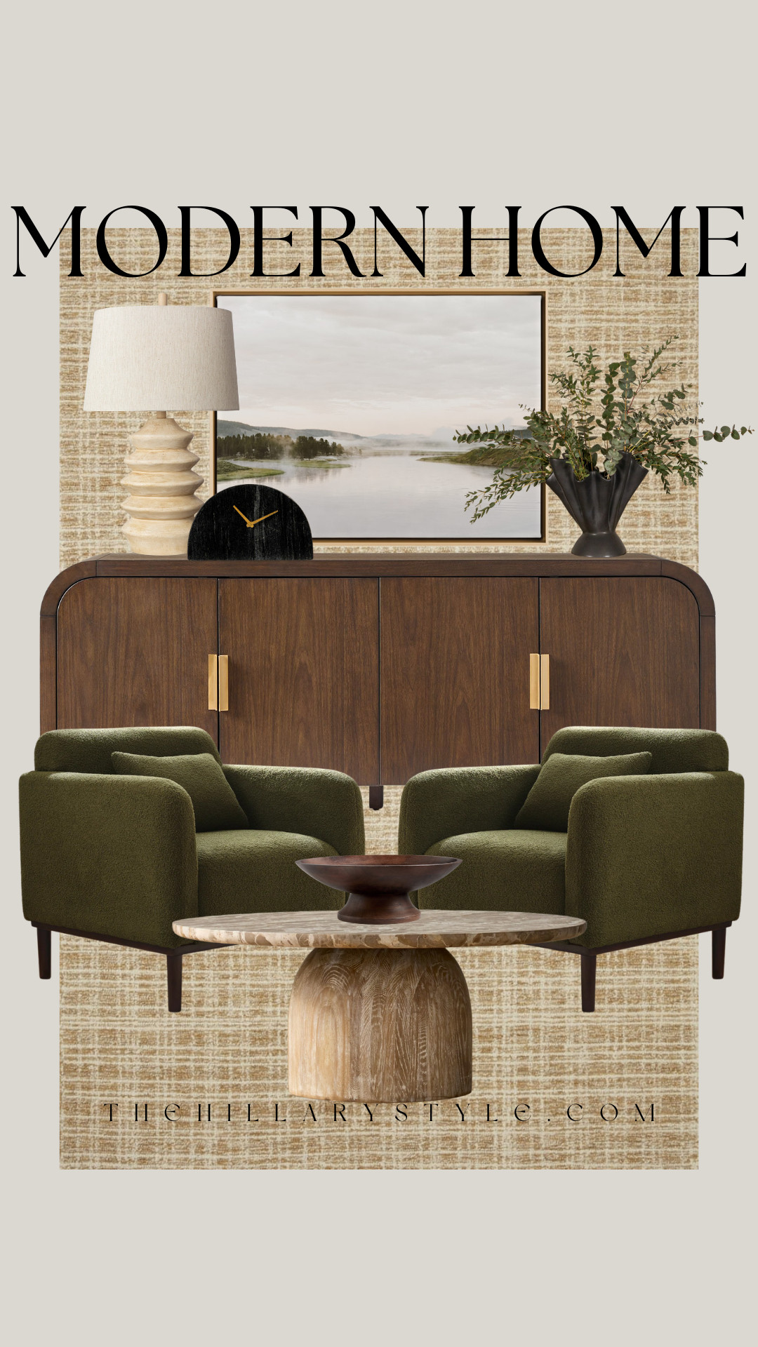 Modern Organic Spring Living Room Refresh
Bring a sense of grounded serenity to your home this season with a modern organic living room refresh. This look balances the clean lines of a dark wood sideboard and structured olive green armchairs with the soft, earthy textures of a travertine coffee table and neutral woven wallpaper. Incorporating natural elements like eucalyptus stems and a stone-textured lamp creates an elevated, biophilic environment that feels both sophisticated and restorative. 

#TheHillaryStyle #organicmodern #modernorganic #springhomedecor #livingroominspo #neutralhome #biophilicdesign #modernclassic #homerefresh2026 #interiortrends #warmminimalism #earthyneutrals #LTKhome #PinterestHome #moodyinteriors 

 

#LTKdayinmylife #LTKSeasonal #LTKHome