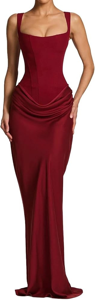 ABYOVRT Women Wedding Guest Dress Corset Bodycon Ruched Lace Up Back Maxi Dresses Formal Party | Amazon (US)