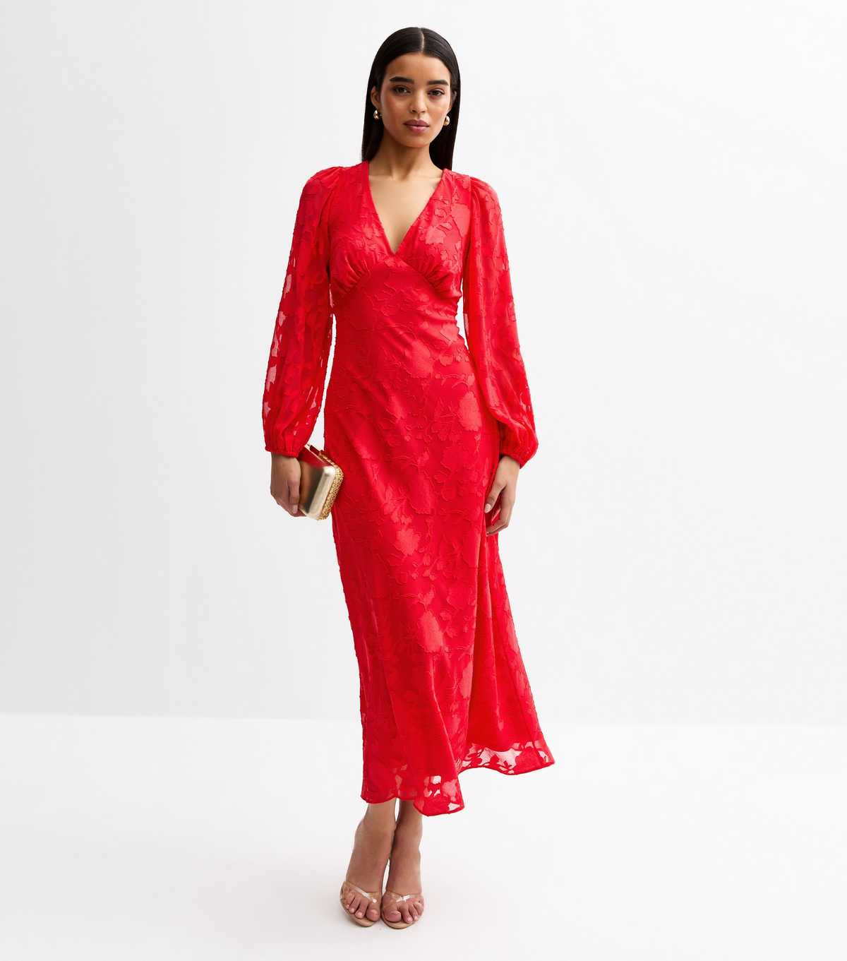 Red Floral Patterned Long Sleeve Midi Dress | New Look | New Look (UK)