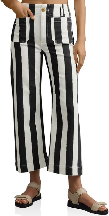 Tankaneo Womens Cropped Striped Jeans Casual High Waisted Stretchy Polka Dots Straight Leg Denim ... | Amazon (US)