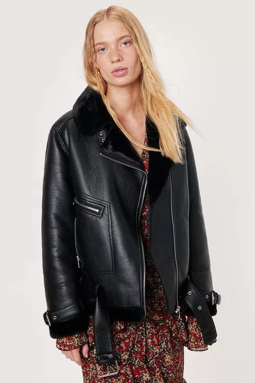 Petite Zip Detail Faux Leather Aviator Jacket | Nasty Gal (US)