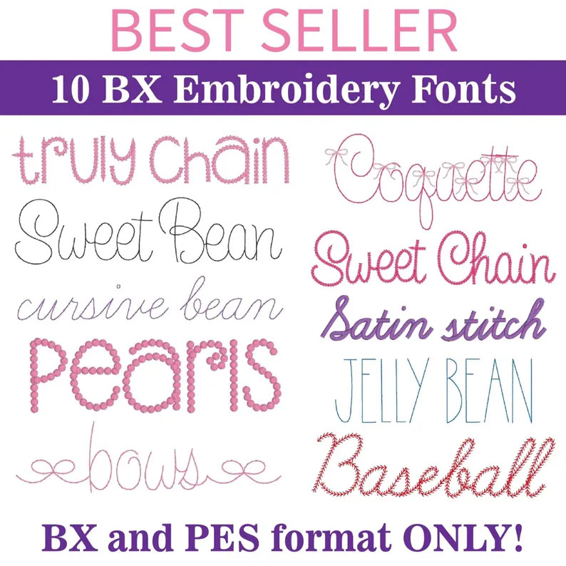 10 BX Embroidery Fonts Bundle \u2013 Best Selling Cursive, Bean Stitch, Pearls, Satin, Coquette B... | Etsy (Global)