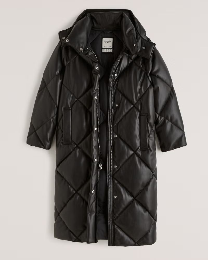 Abercrombie & Fitch Women's A&F Ultra Long Vegan Leather Quilted Puffer in Black - Size L | Abercrombie & Fitch (US)
