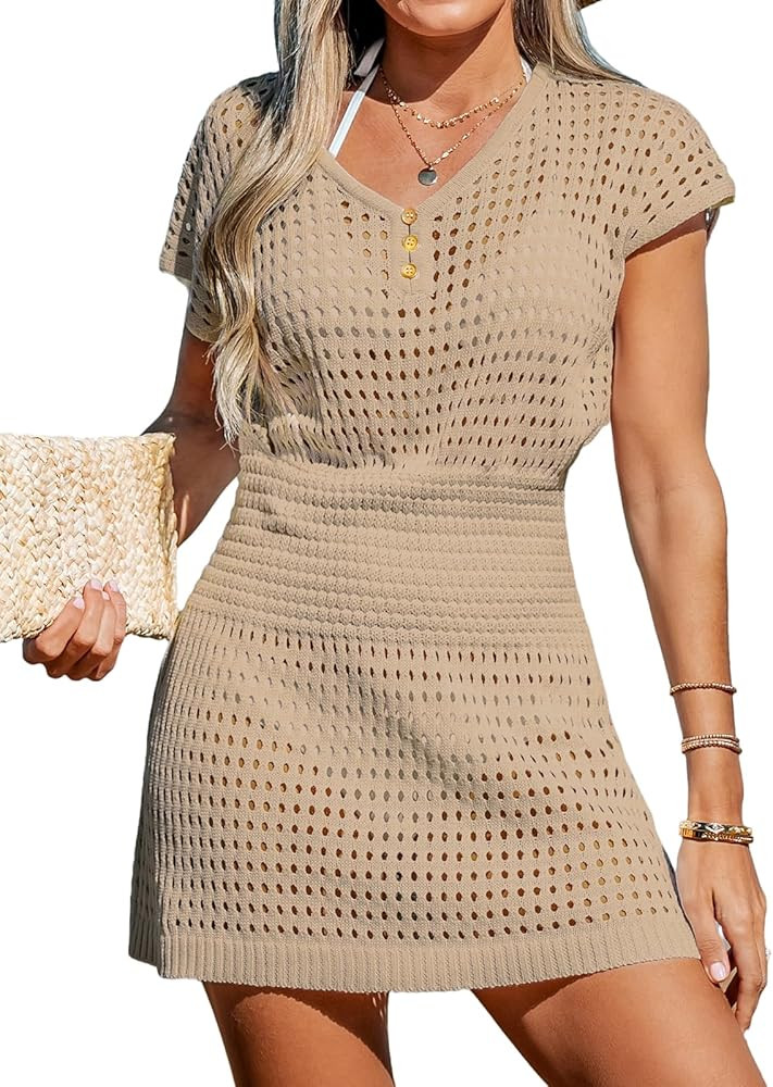 CUPSHE Women's Swimwear Cover Up Crochet Mini Dress V Neck Beachwear Short Sleeve Summer 2024 | Amazon (US)