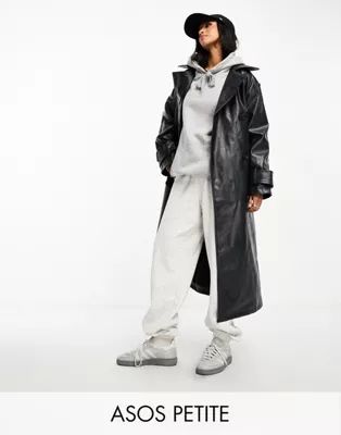 ASOS DESIGN Petite washed faux leather trench coat in charcoal | ASOS (Global)