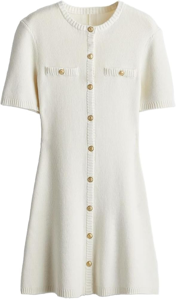 KEOMUD Women Button Down Knit Midi Dress Vintage Elegant Short Sleeve Crewneck Bodycon Ribbed Kni... | Amazon (US)