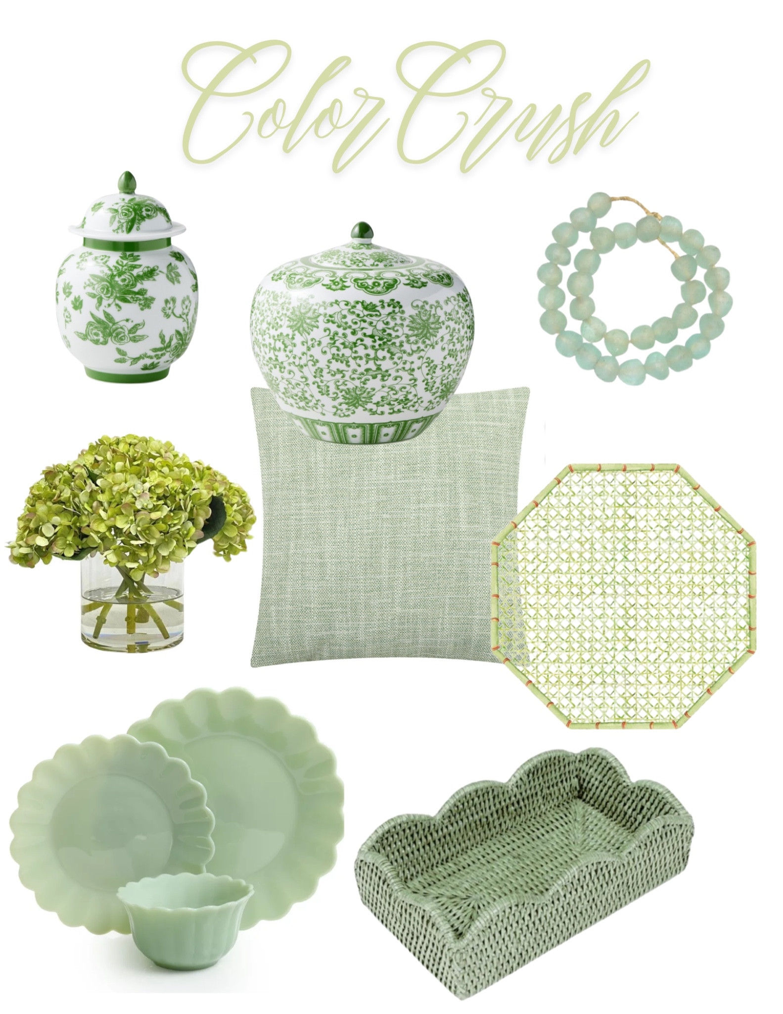 Green home decor
Mint green, soft green, sage green
Linen pillow, hydrangeas ginger jars, placemat, wicker tray, dinnerware, glass beads

#LTKhome