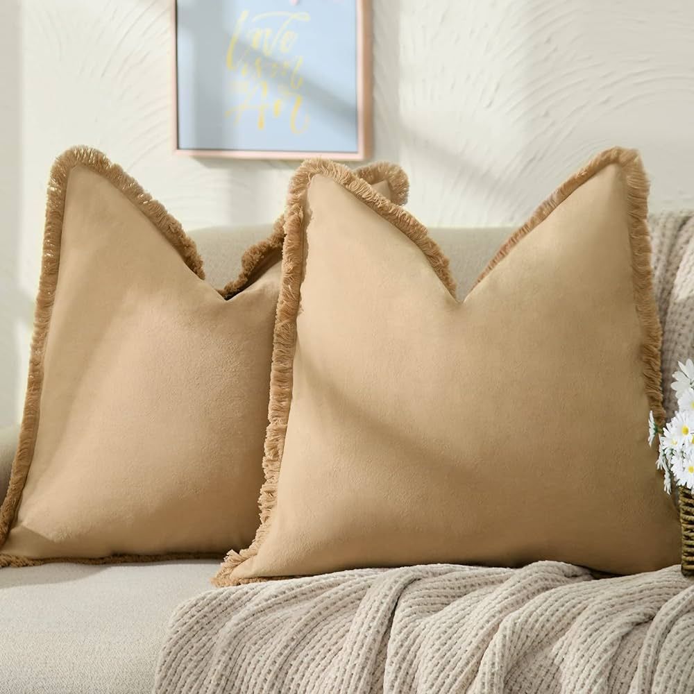 ZWJD Pillow Covers 20x20 Set of 2 Khaki Throw Pillow Covers with Fringe Chic Cotton Decorative Pi... | Amazon (US)