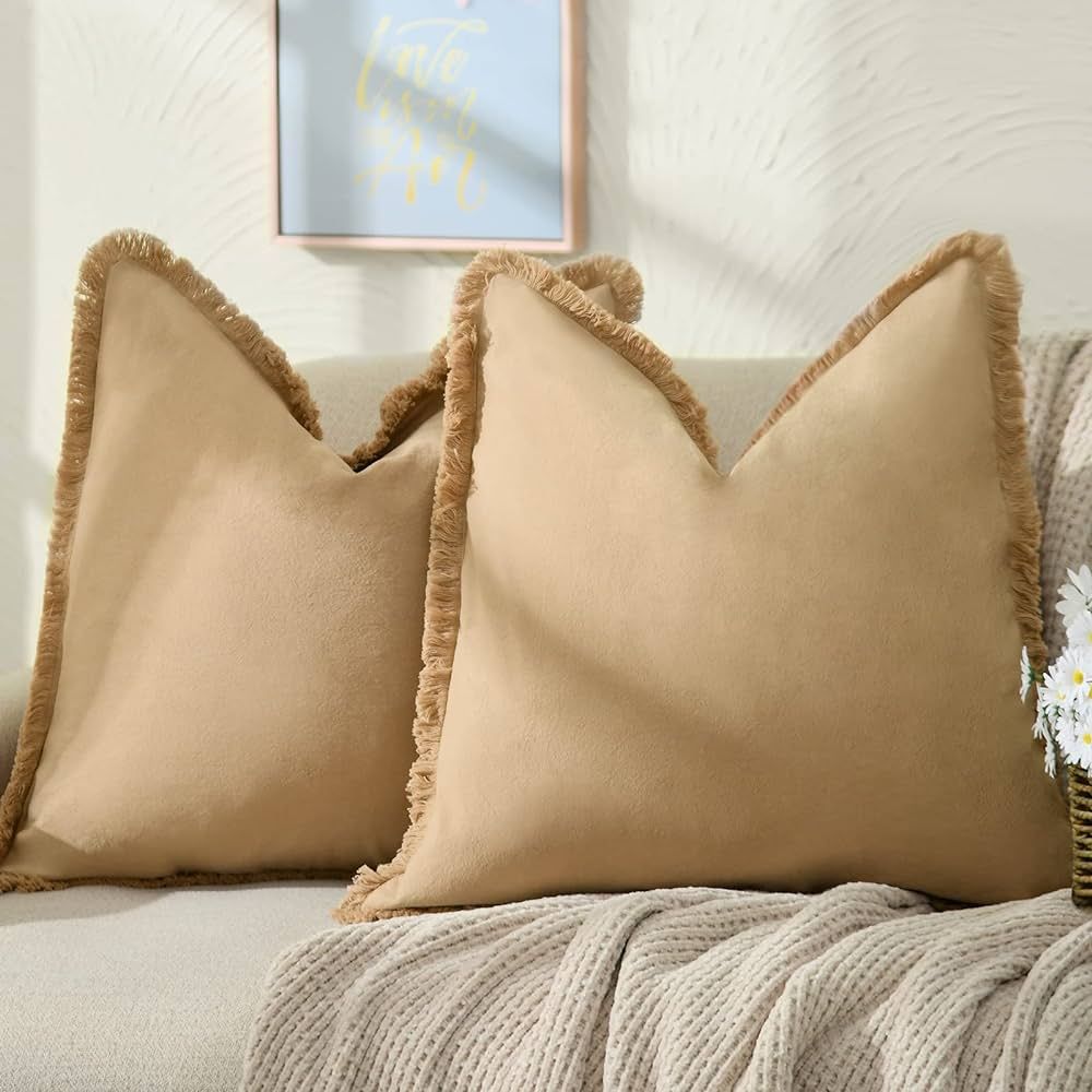 ZWJD Pillow Covers 24x24 Set of 2 Khaki Throw Pillow Covers with Fringe Chic Cotton Decorative Pi... | Amazon (US)