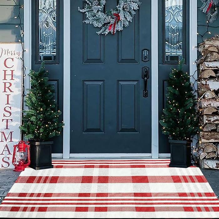 Christmas Plaid Outdoor Rug, 3' x 5' Red&White Check Indoor/Outdoor Area Rug, Layering Rug for He... | Amazon (US)
