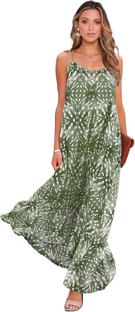 BTFBM Women's Summer Casual Maxi Dresses Spaghetti Strap Sleeveless Ruffle High Low Print Flowy Beac | Amazon (US)
