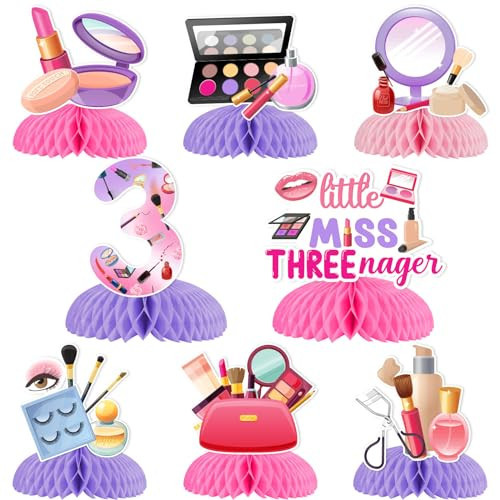 Balterever 8pcs Little Miss Threenager Birthday Honeycomb Centerpieces Little Miss Threenager Birthday Decorations for Girls 3rd Birthday Makeup 3rd Birthday Party Decorations for 3 Year Old Girl | Amazon (US)
