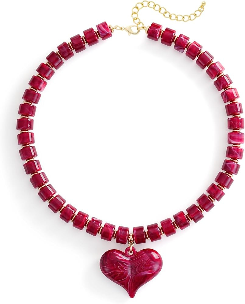 Acrylic Puffy Heart Pendant Necklace Chunky Geometric Beaded Statement Necklace Jewelry Gift- Bro... | Amazon (US)