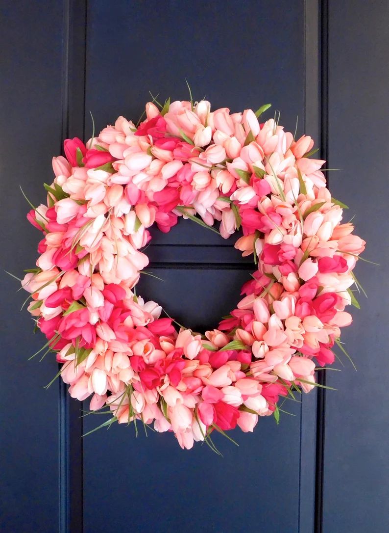 Pink Tulip Wreath, Large Spring Wreath, Spring Wreath, Valentines Day Wreath, Pink Wreath, Pink S... | Etsy (US)