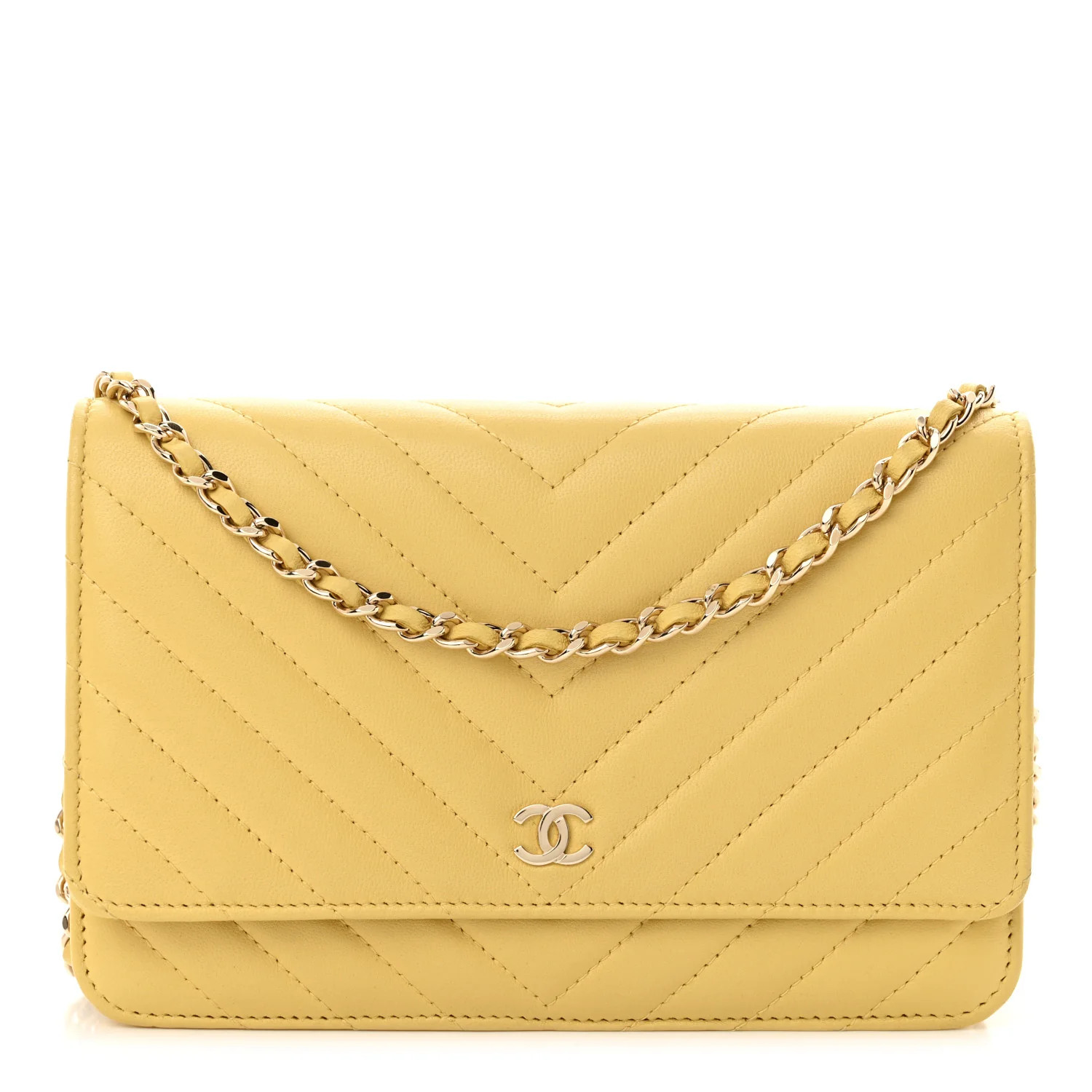 Lambskin Chevron Quilted Wallet On Chain WOC Yellow | FASHIONPHILE (US)
