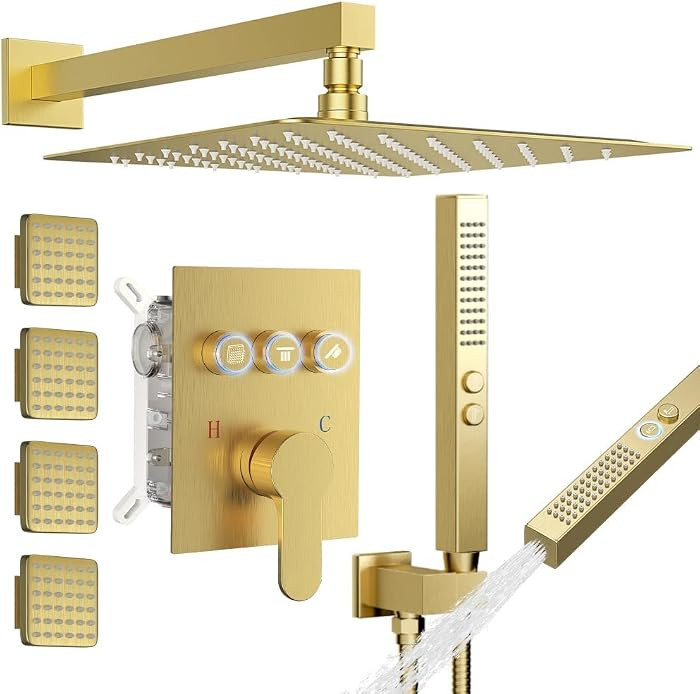 Brushed Gold Shower System with Body Jets, STARBATH 12" Rainfall Shower with 2 in 1 Handheld and ... | Amazon (US)